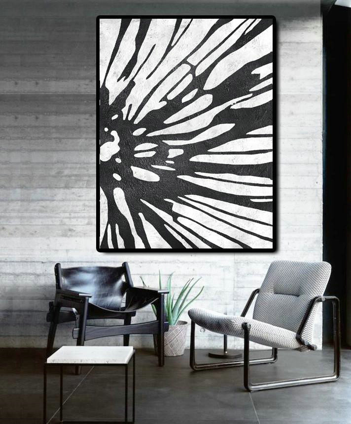 Modern Abstract Wall Art,Black And White Minimal Painting On Canvas - Modern Canvas Art